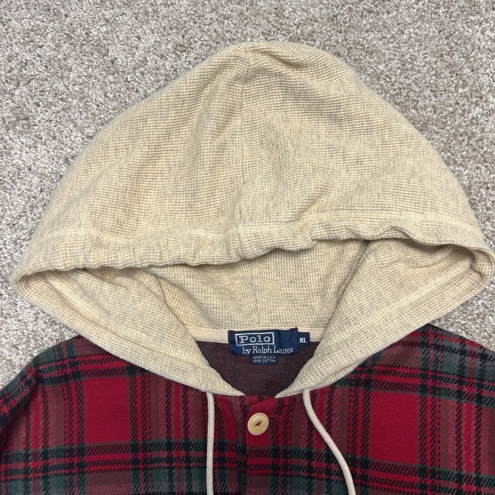 Vintage Polo Ralph Lauren 1/4 Button Hooded Plaid Pullover Men XL USA Made 90s